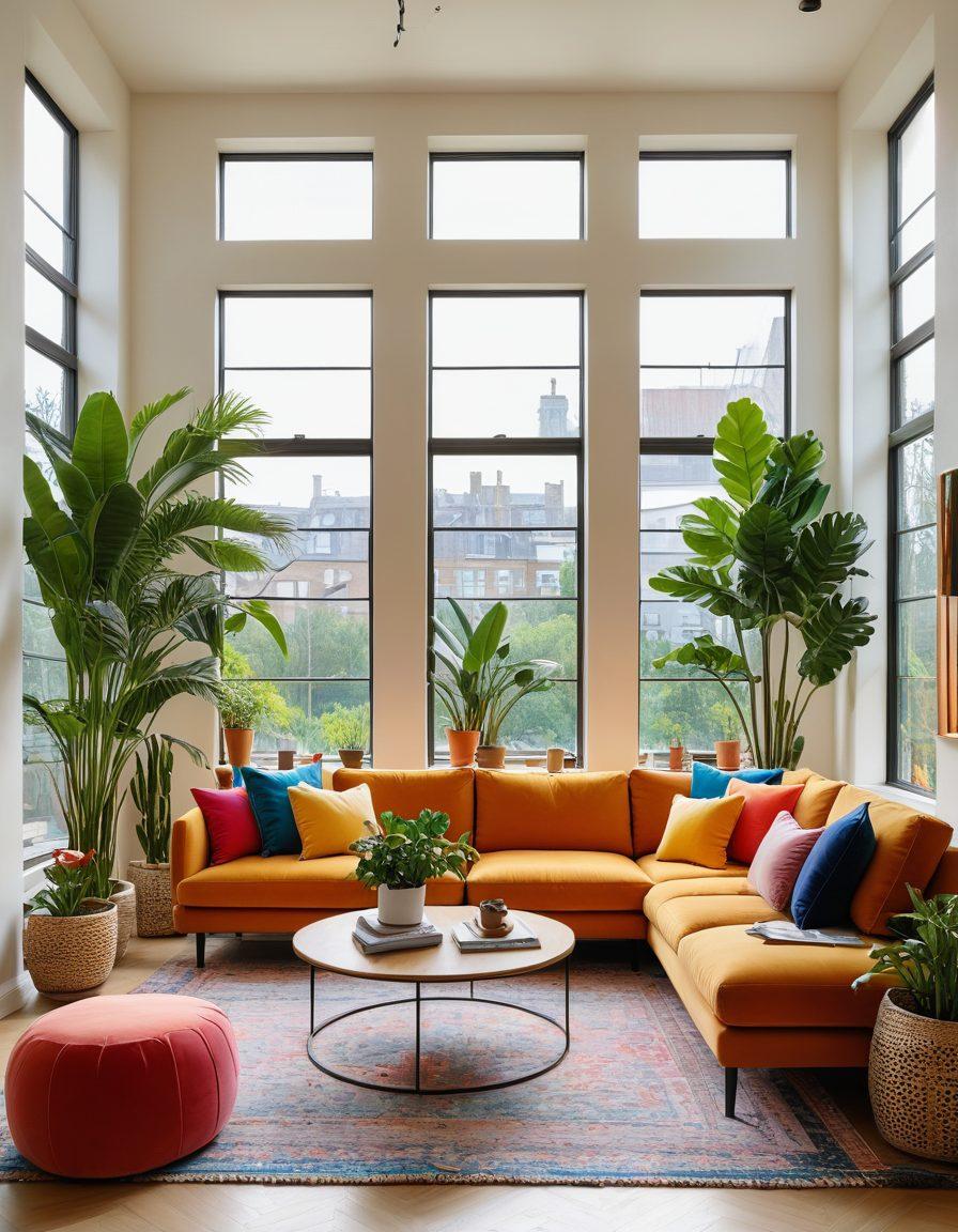 A cozy, modern living room showcasing stylish decor, featuring a chic sofa, beautiful houseplants, and trendy art on the walls. Include a warm ambiance with natural light streaming through large windows, and people engaging in a friendly conversation. Bright colors to reflect a sense of community and inspiration. super-realistic. vibrant colors. natural light.