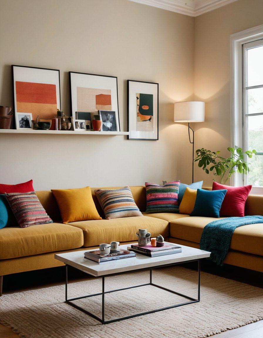 A stylish living room showcasing various hobby-inspired décor elements, like knitting supplies artfully displayed, a wall adorned with photography, and a corner featuring hand-painted ceramics. Soft, warm lighting creates an inviting atmosphere. Include a chic couch with colorful cushions and a decorative coffee table showcasing hobby-related books. The overall vibe should be modern and sophisticated, blending creativity with elegance. super-realistic. warm colors. minimalistic background.